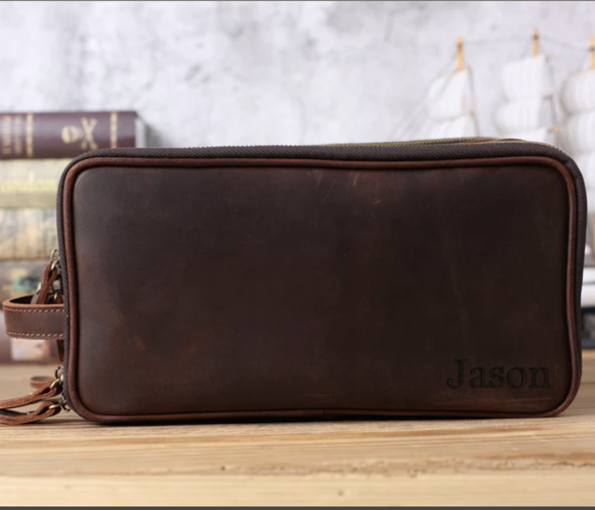 Full-Grain Leather Dopp Kit Travel Toiletry Bag - Image 2