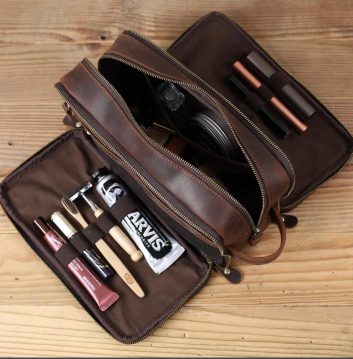 Full-Grain Leather Dopp Kit Travel Toiletry Bag